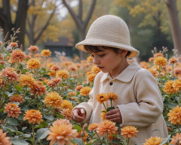 Child in Beige Sweater Explores Vibrant Flower Field