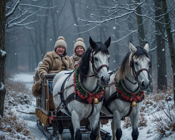 Winter Scene with Horses Pulling a Sled in Snow