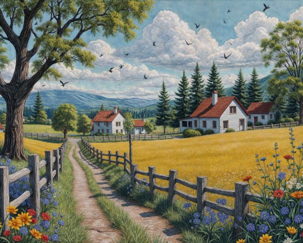 Serene Rural Landscape with Houses and Wildflowers