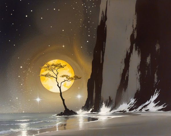 Solitary Tree on Rocky Shore Under Golden Moon