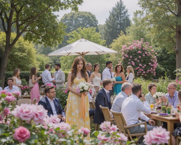 Vibrant Garden Party with Floral Decor and Guests