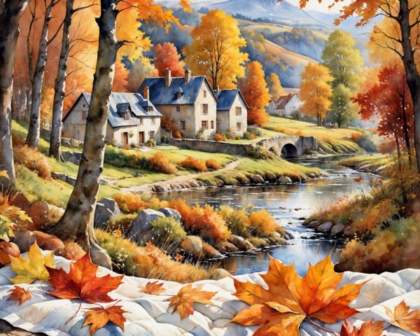 Autumn Landscape with River and Quaint Houses