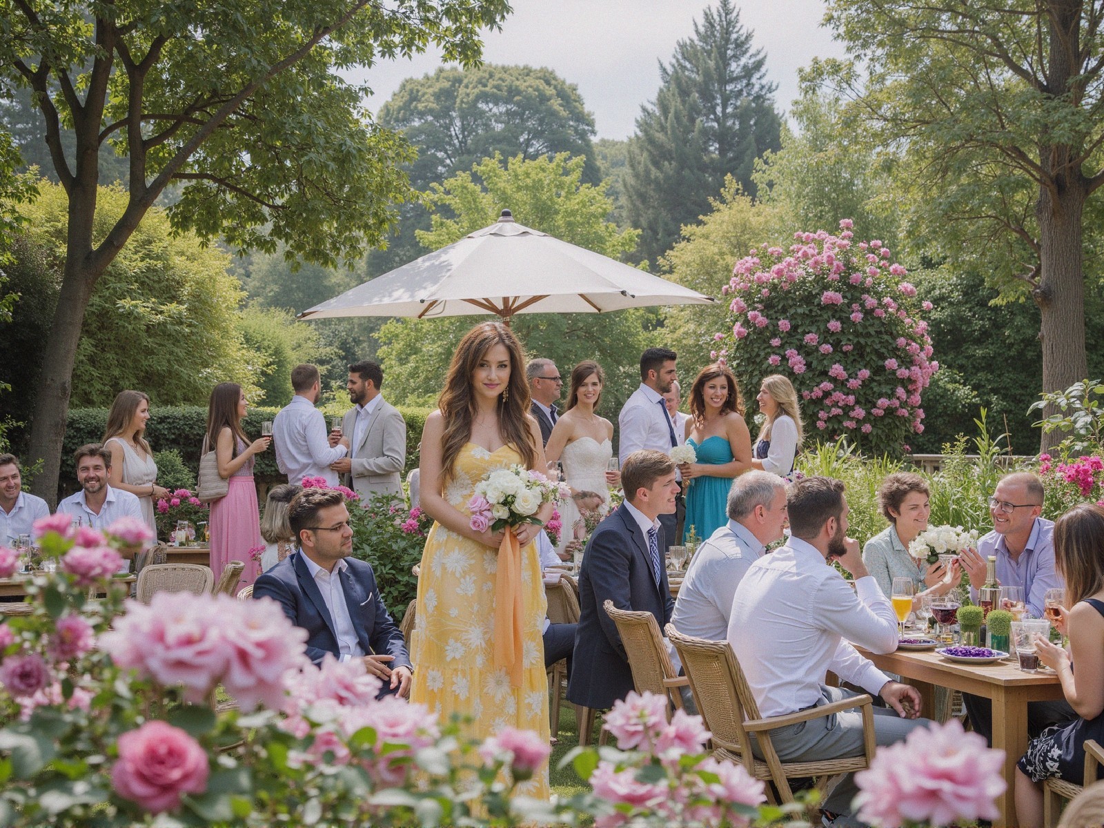 Vibrant Garden Party with Floral Decor and Guests