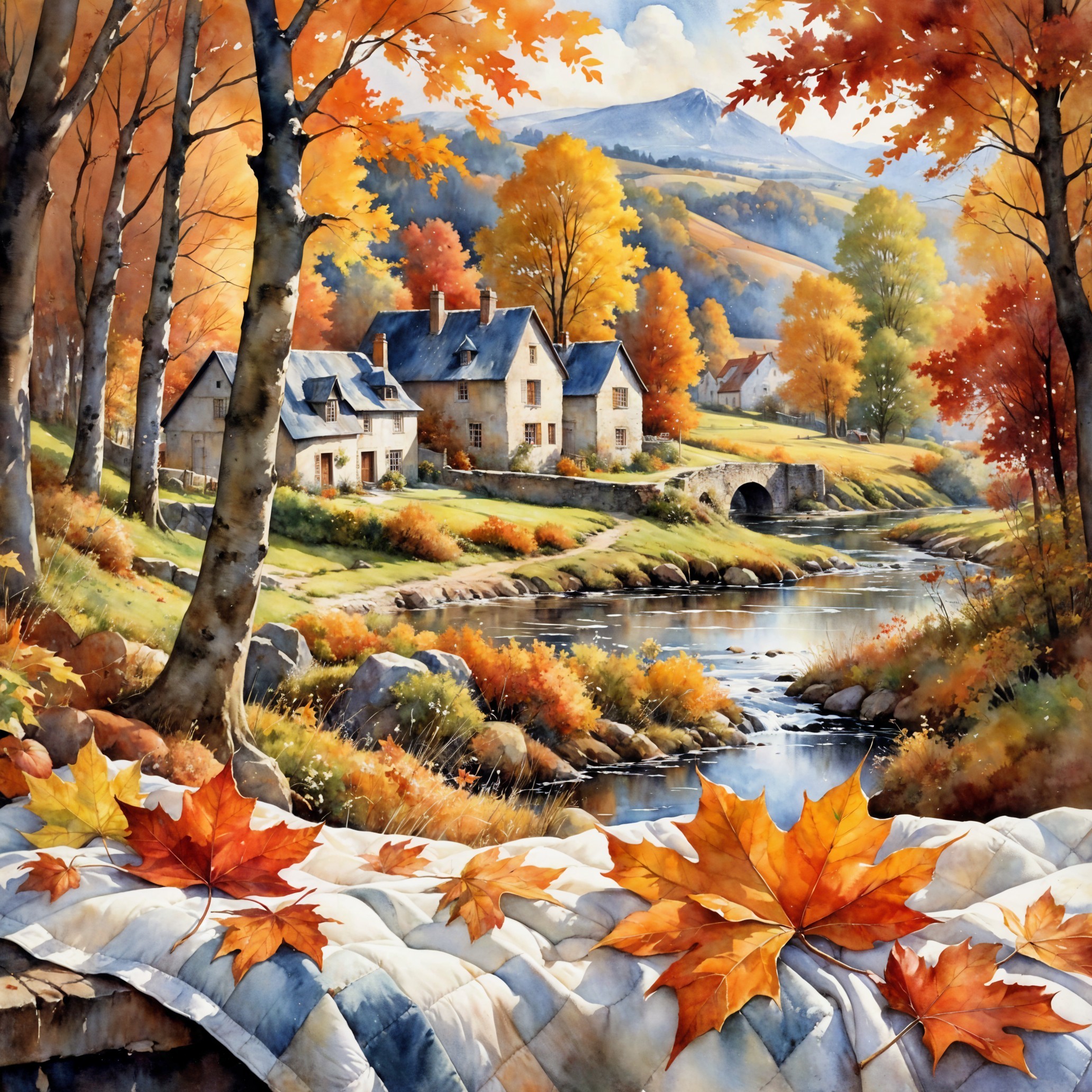 Autumn Landscape with River and Quaint Houses