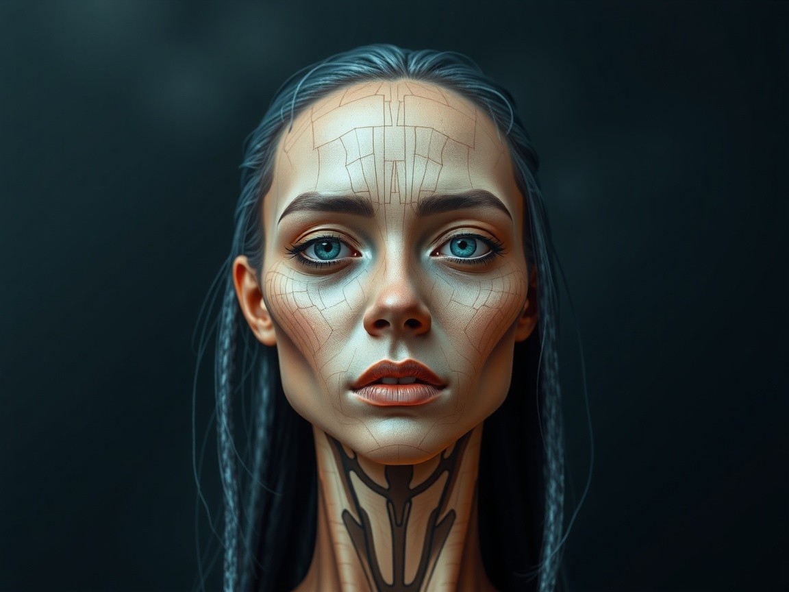 Futuristic humanoid with geometric facial patterns