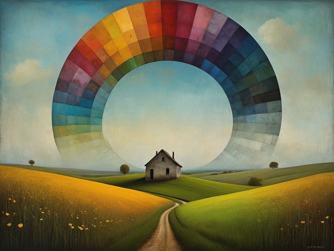 Quaint House Surrounded by Fields and Rainbow Sky