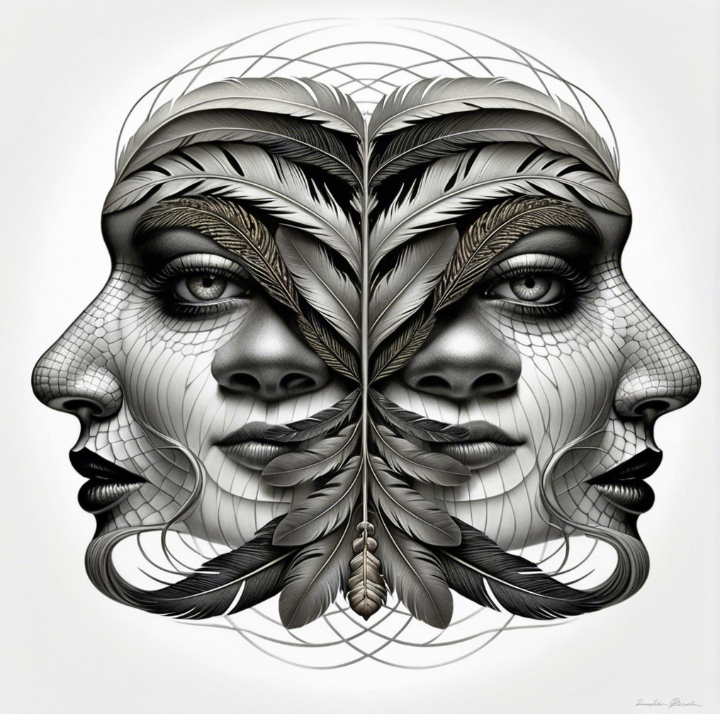 Symmetrical Black and White Artwork with Nature Elements