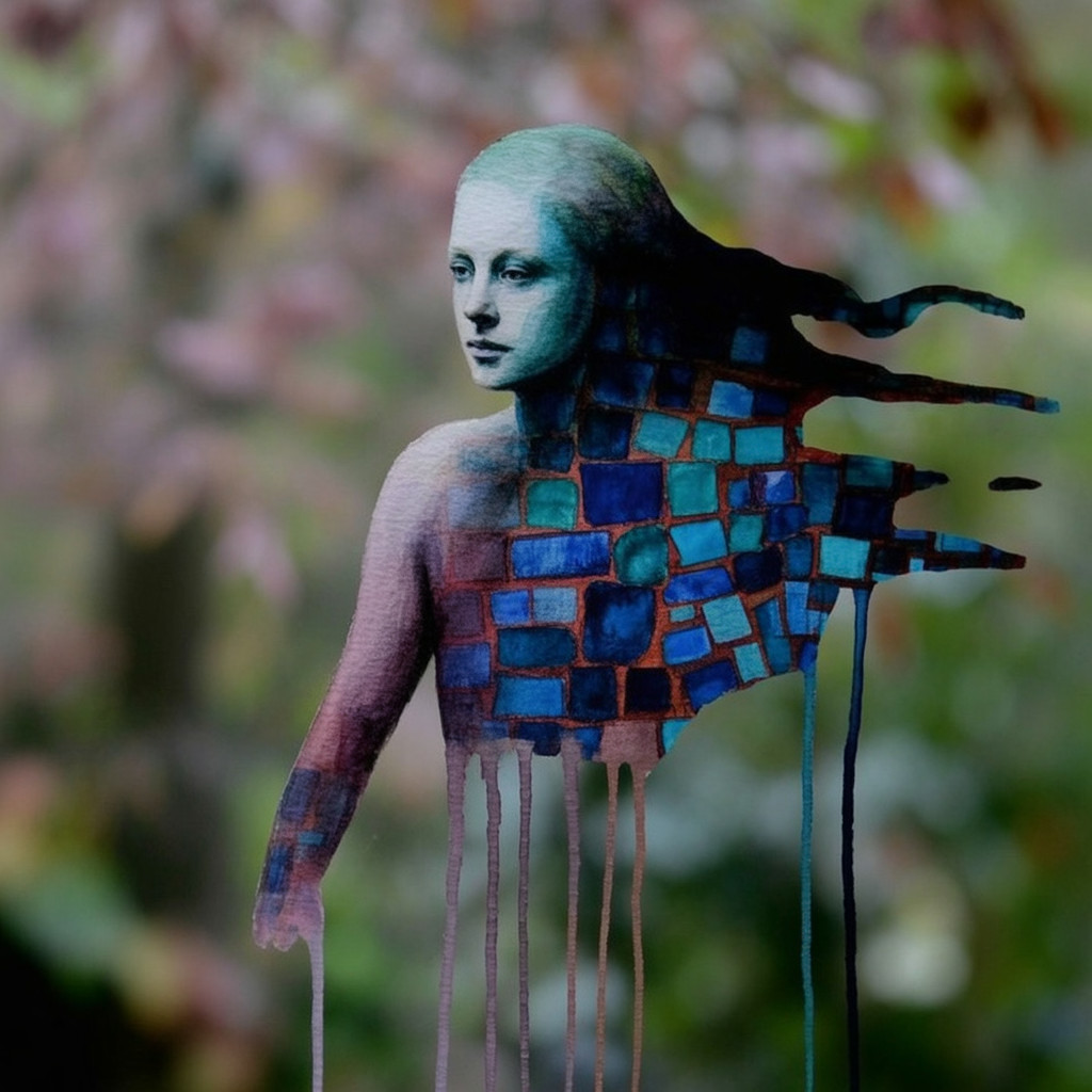 Surreal Artwork of Female Figure in Mosaic Pattern