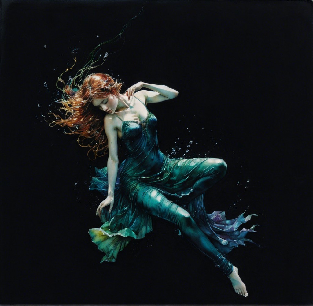 Elegant figure swimming in dark waters with gown