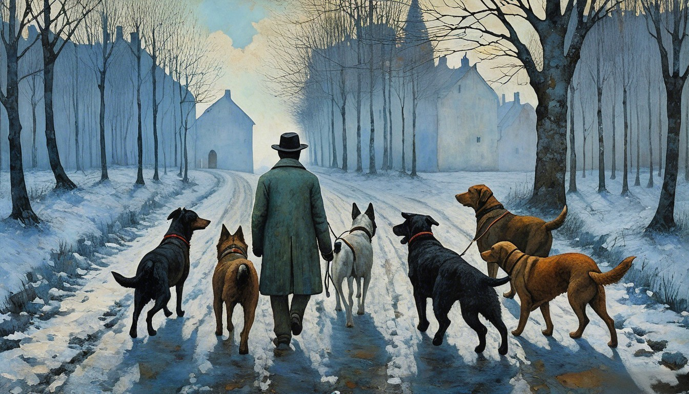 Man in a long coat walks with dogs on snowy path