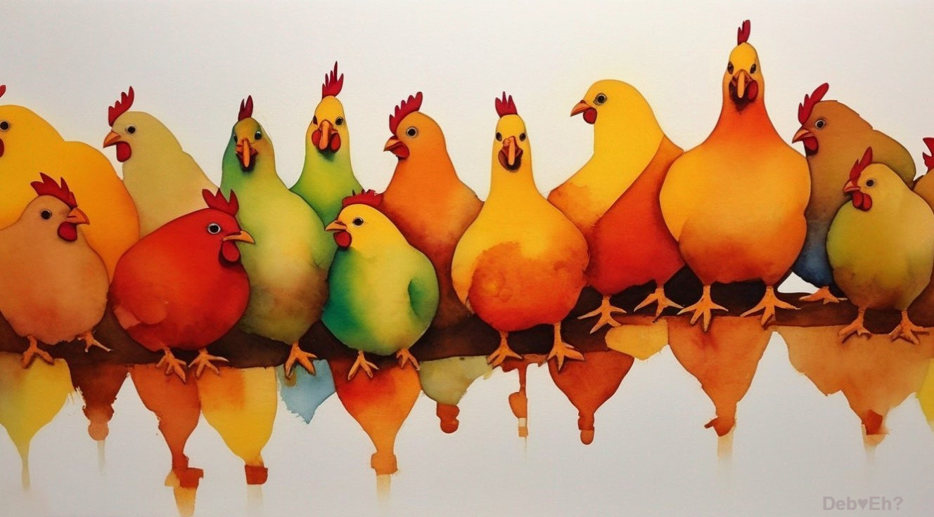 Colorful Chickens in Various Hues on White Background