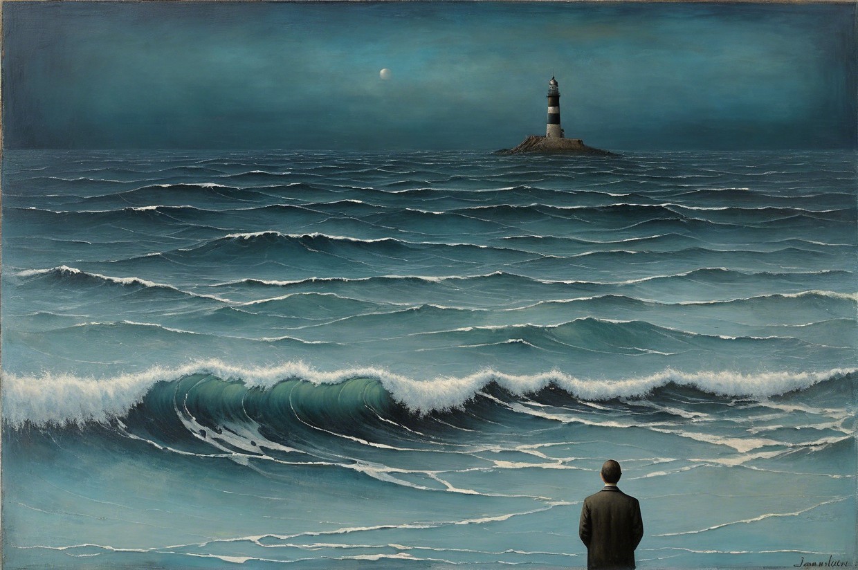 Solitary Figure on Shore with Lighthouse at Twilight