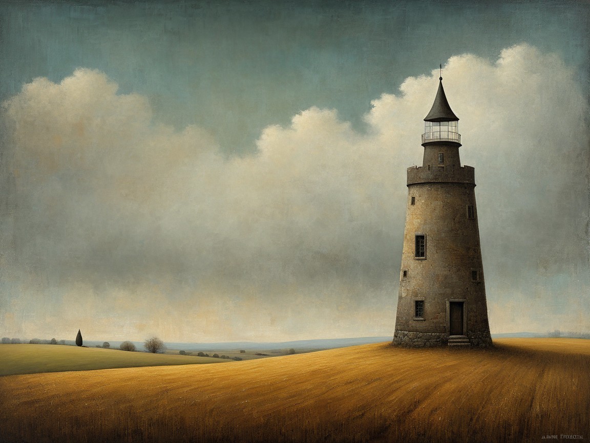 Lighthouse on Golden Field Under Overcast Sky