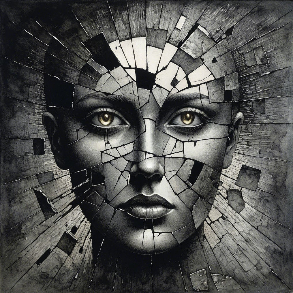 Fragmented Monochrome Portrait with Intense Eyes