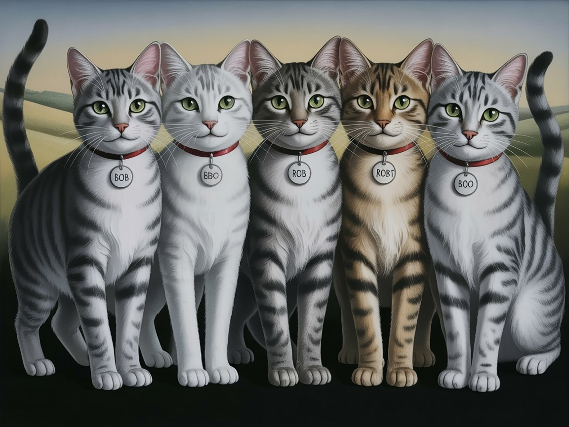 Whimsical Artwork of Five Cats with Distinct Patterns