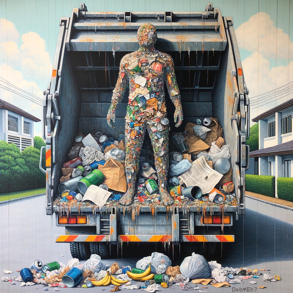 Sculpture of Human Figure Created from Trash in Truck