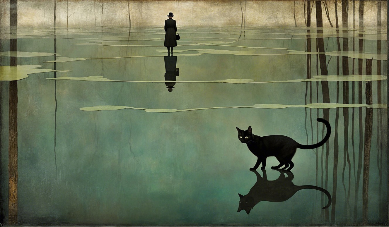 Solitary Figure on Misty Lake with Black Cat