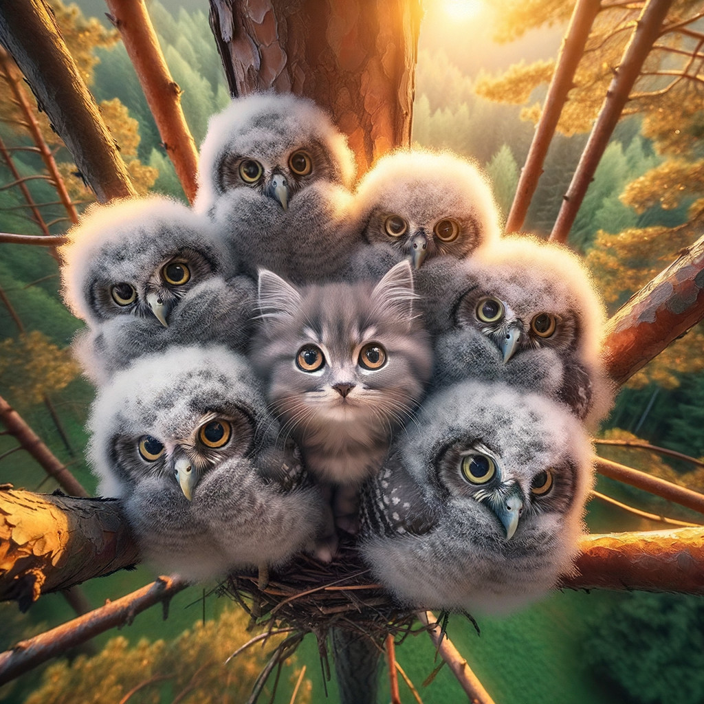Fluffy Kitten with Owl Chicks in a Tree Nest