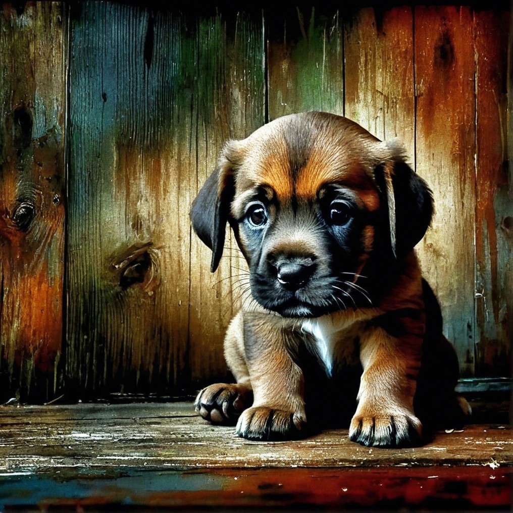 Adorable Brown and Black Puppy on Wooden Surface