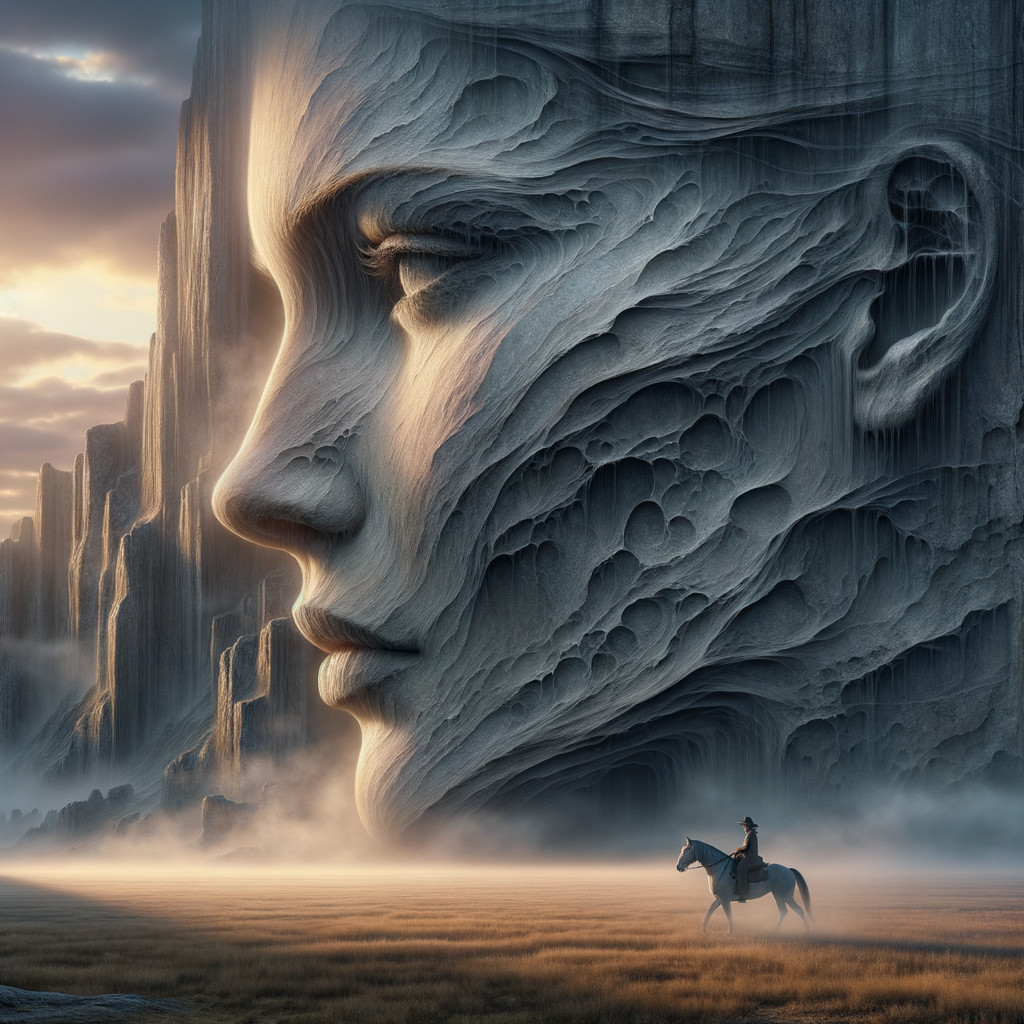 Colossal Sculpted Face in Misty Mountain Landscape
