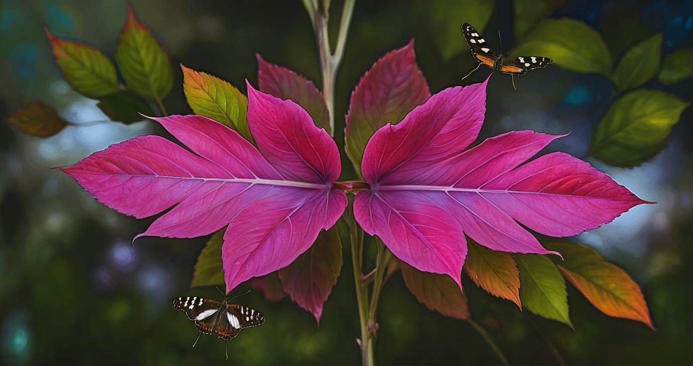 Vibrant Pink Leaves with Butterflies in Garden Setting