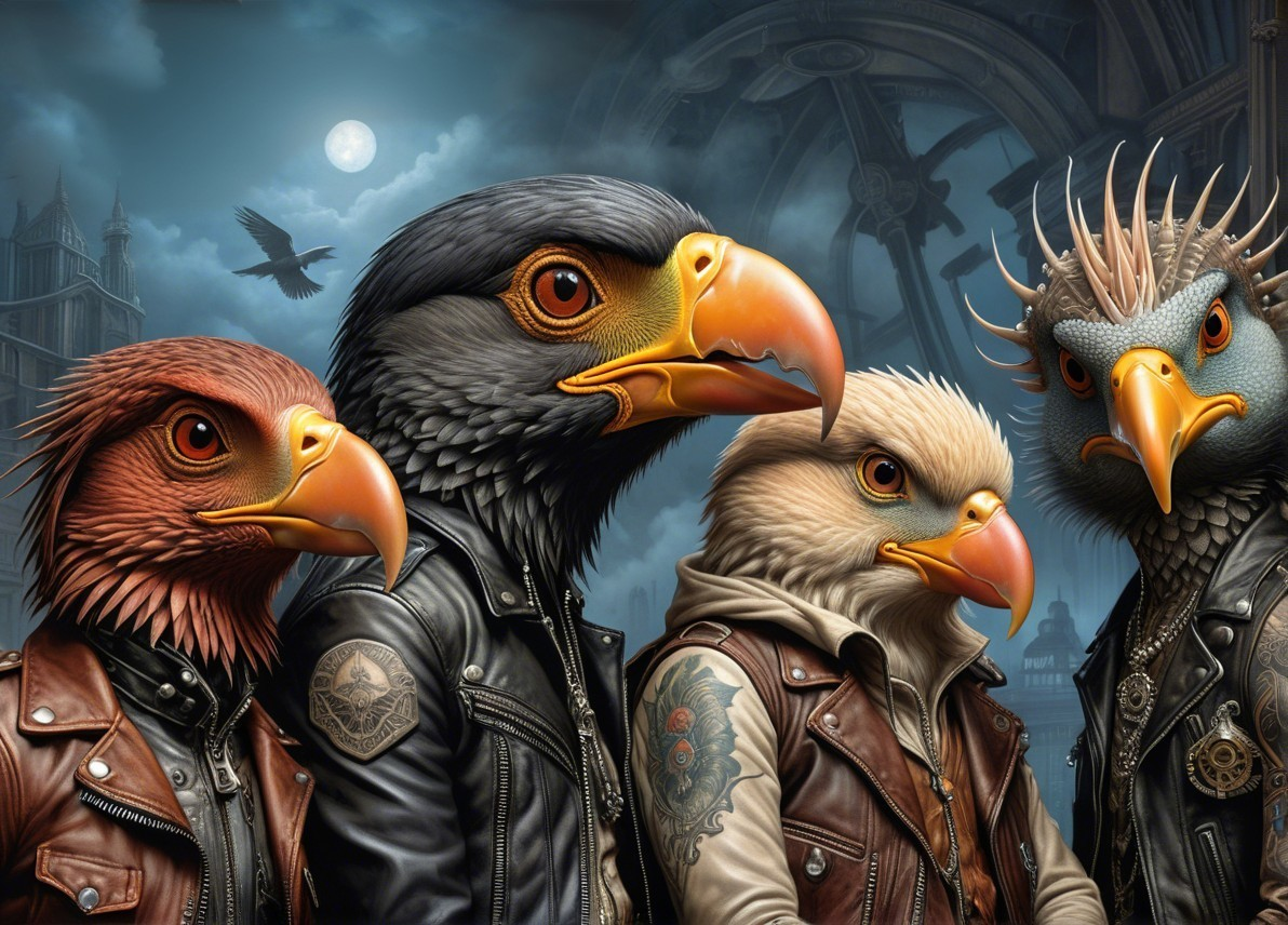 Anthropomorphic birds in leather jackets against a moonlit backdrop