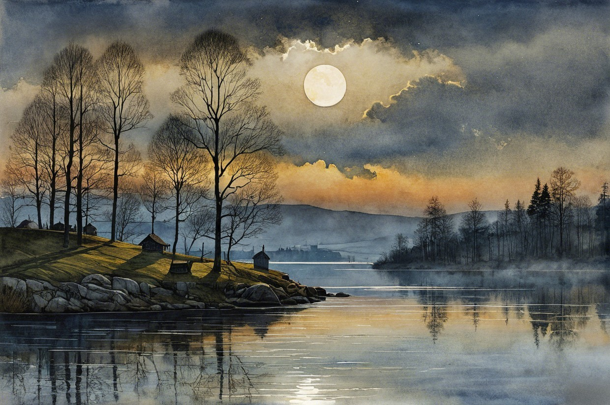 Serene Landscape with Trees, Moon, and Cottages