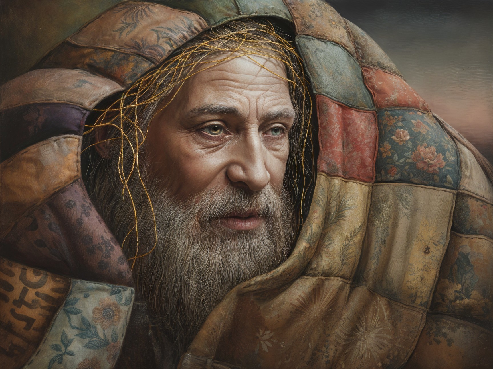 Elderly Man Wrapped in Richly Patterned Blanket