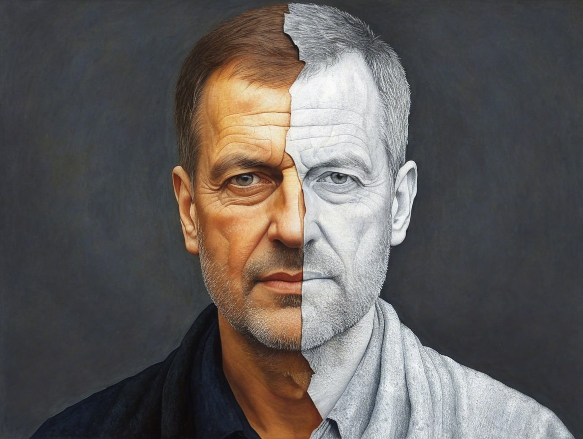 Split Portrait of a Man: Colorful and Monochrome Styles