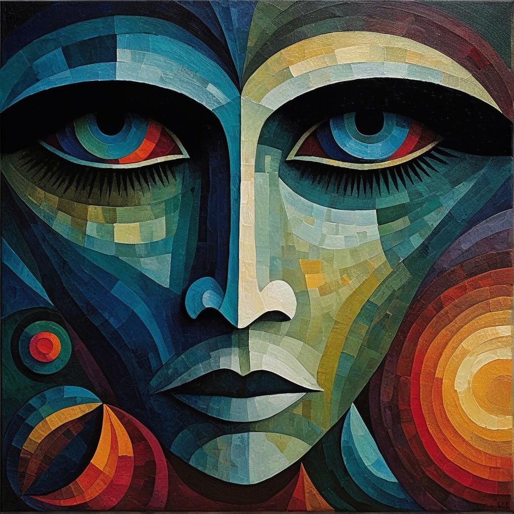 Geometric Face Artwork with Vibrant Colors and Patterns