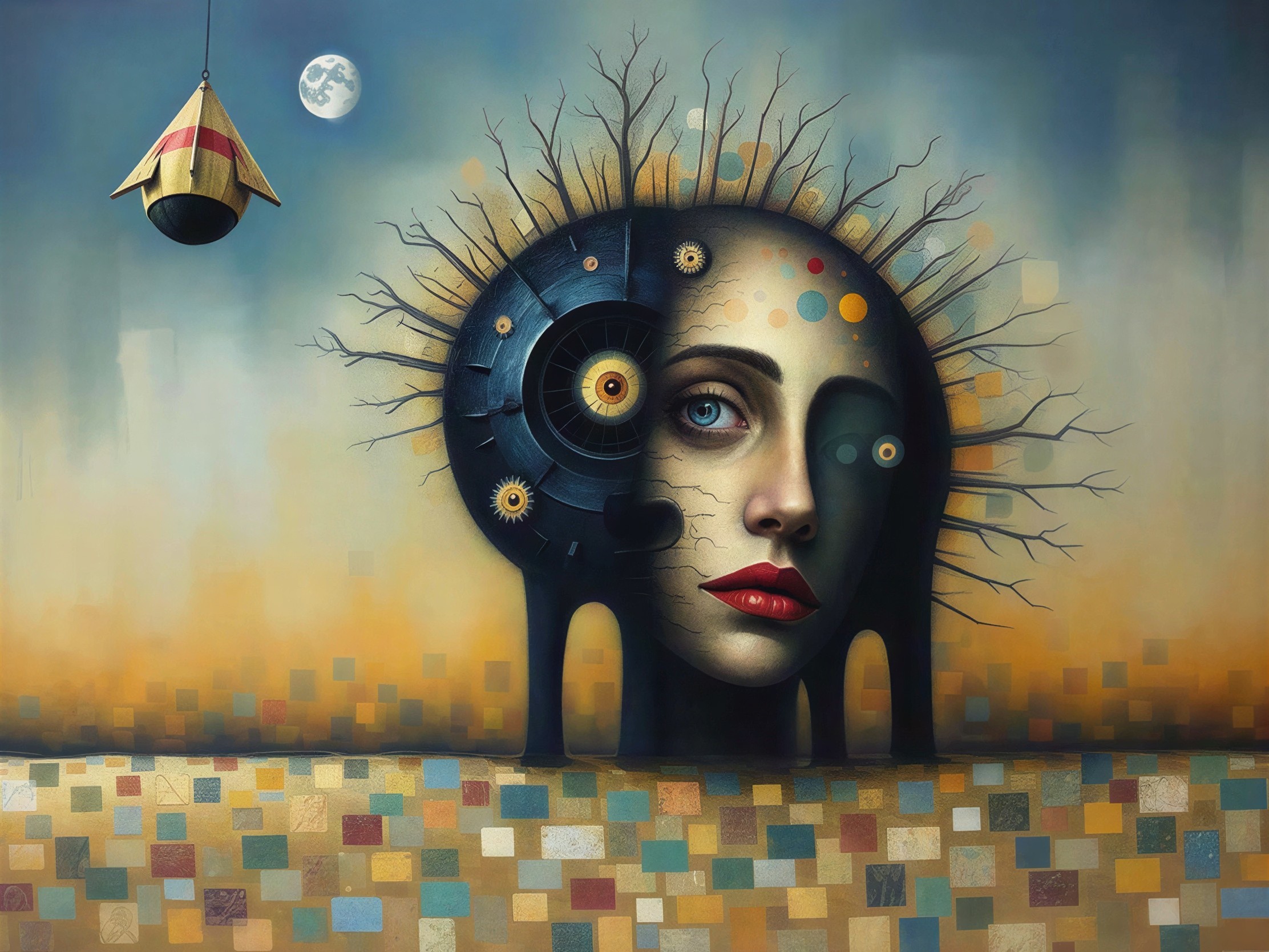 Surreal Digital Painting of Female Face and Mechanical Elements