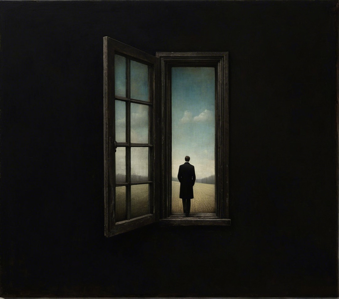 Solitary Figure in Doorway Overlooking Serene Landscape