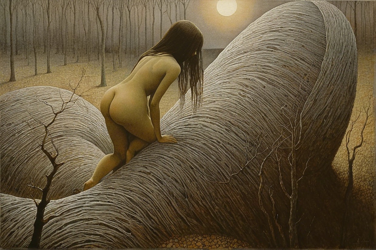 Surreal Landscape with Nude Figure and Sculptural Mound
