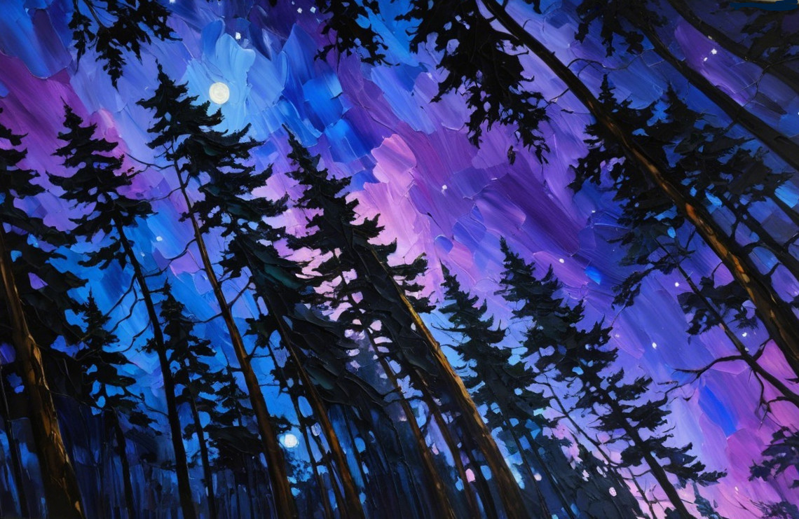 Vibrant Twilight Sky with Moon and Evergreen Silhouettes