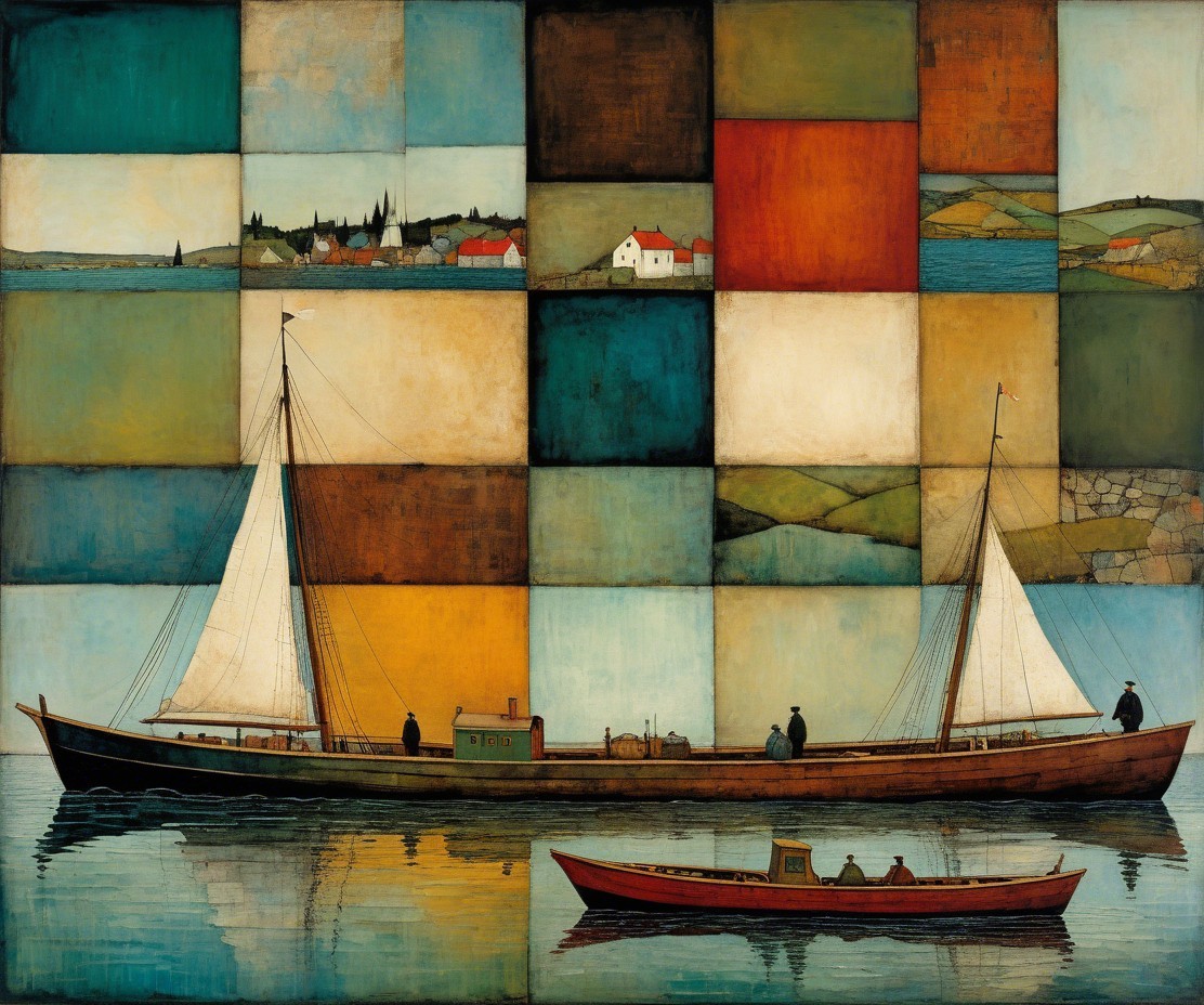 Stylized Sailboat and Rowboat on Colorful Background