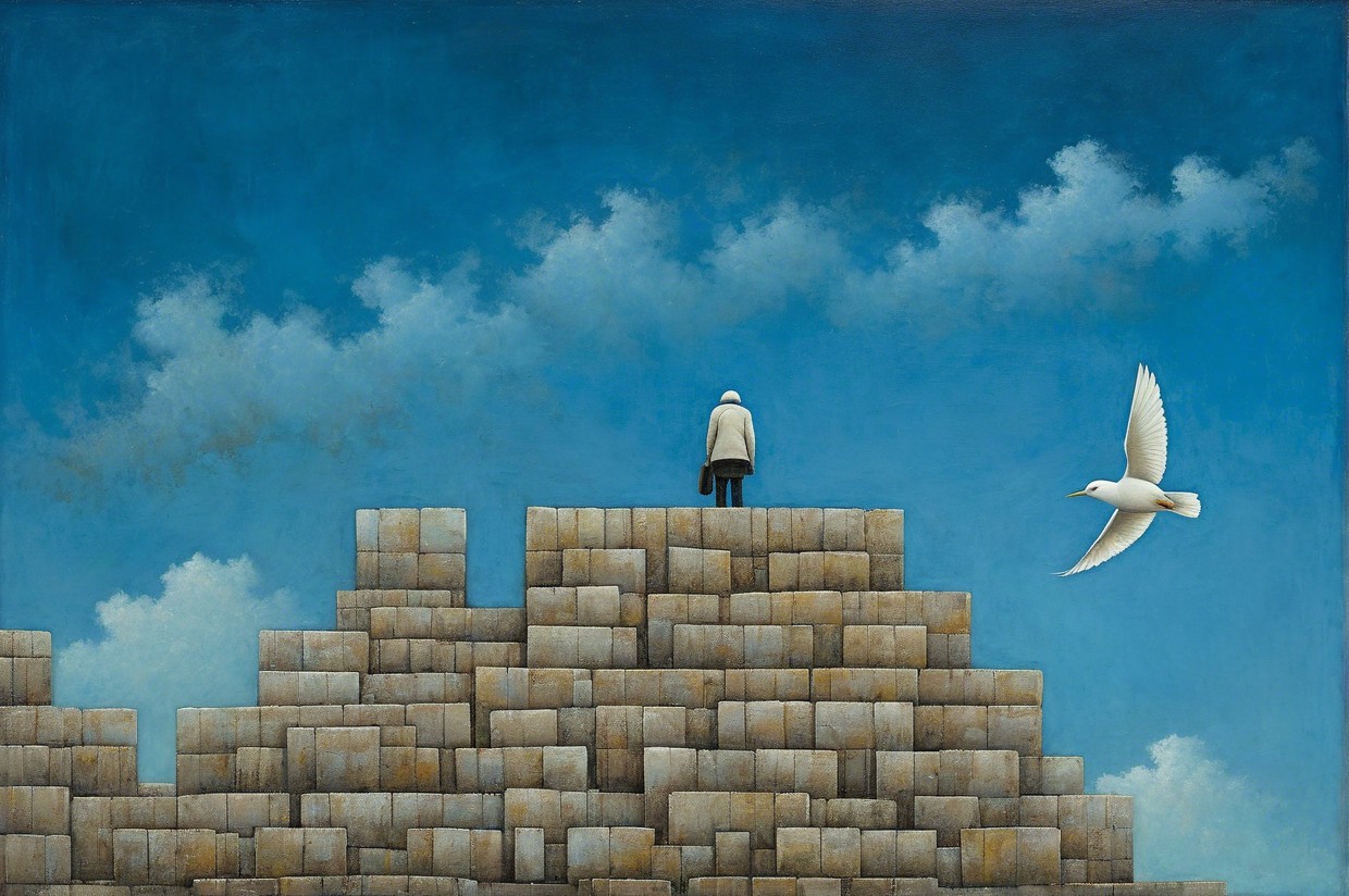 Solitary Figure on Geometric Blocks Under Blue Sky