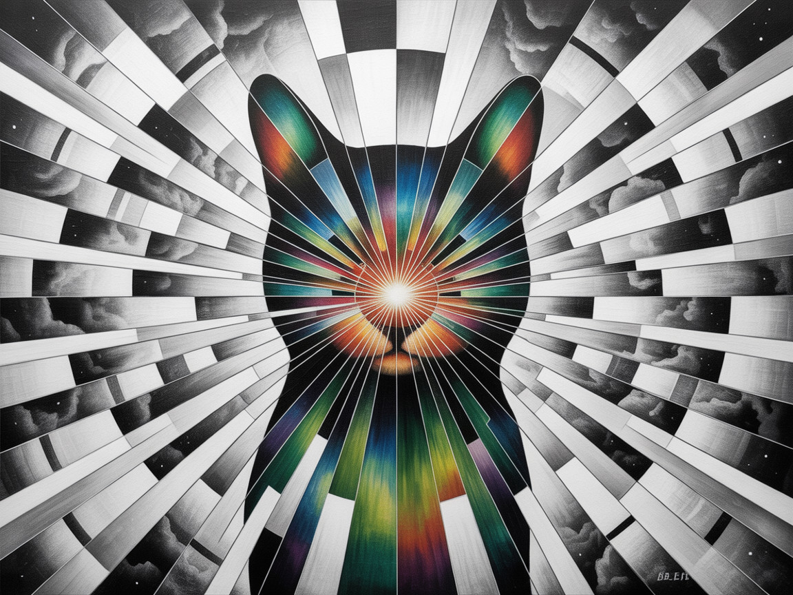 Cat Silhouette Surrounded by Vibrant Cosmic Lines