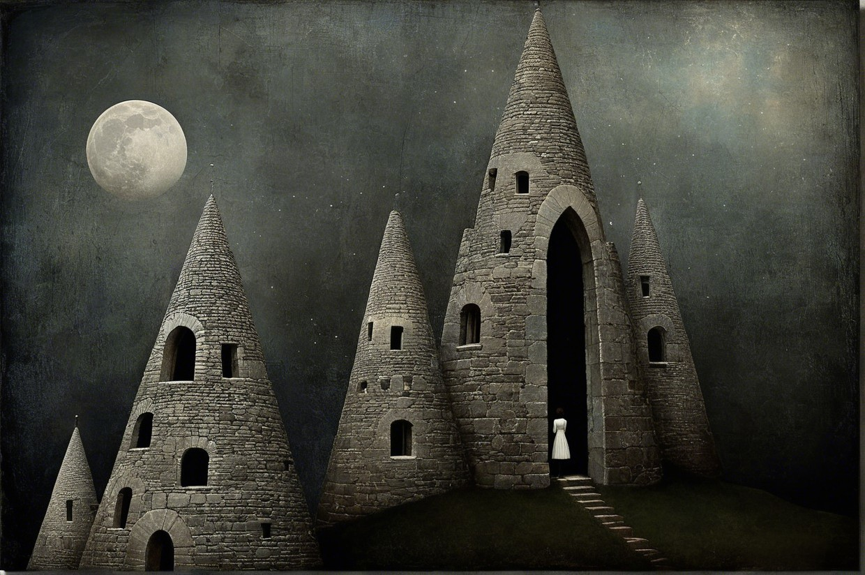 Mysterious Landscape with Stone Structures and Moonlight