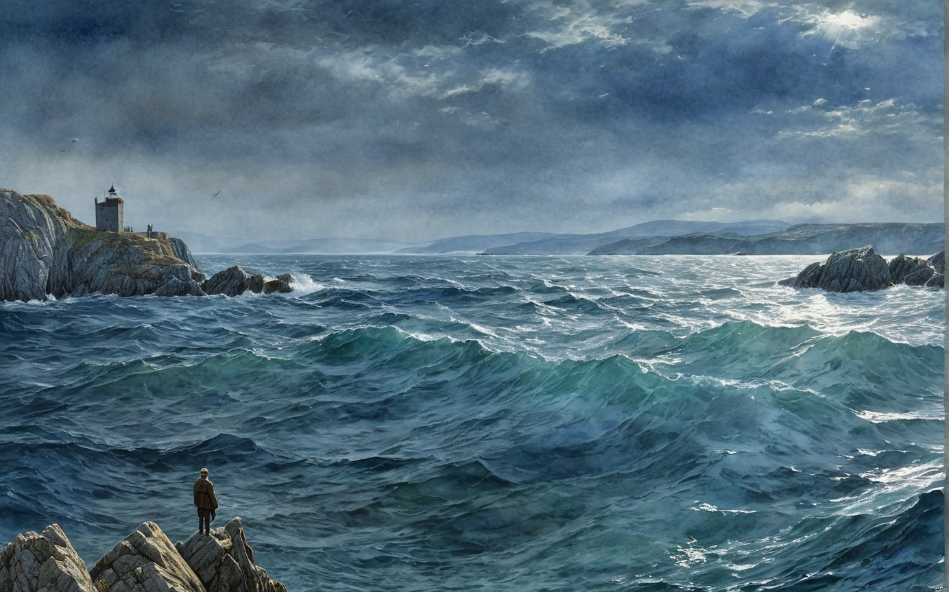 Dramatic Watercolor of Stormy Sea and Isolated Lighthouse