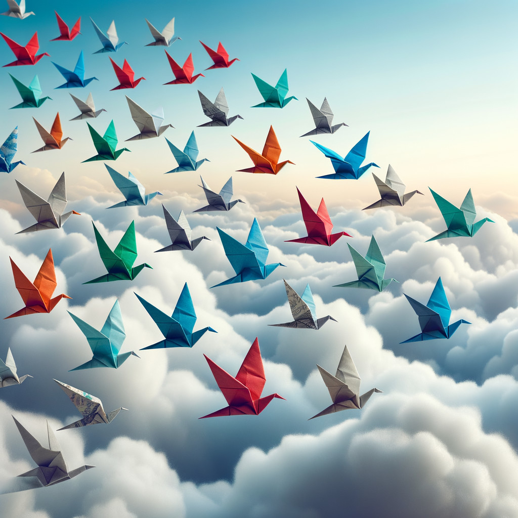 Colorful Origami Cranes in a Cloudy Sky Scene