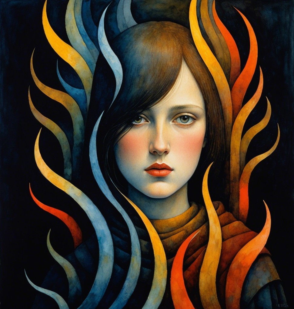 Young Woman's Serene Face Amidst Colorful Flames