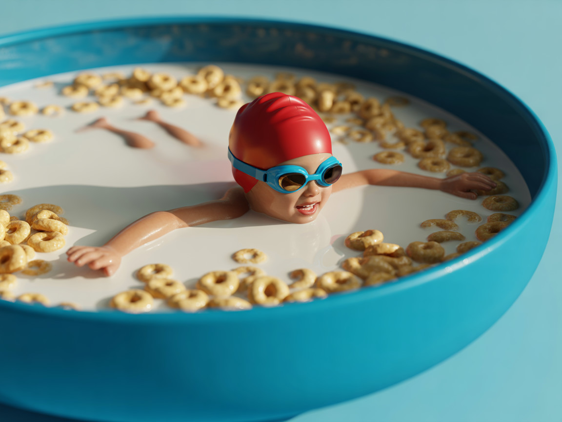 Toy figure in swim cap and goggles in cereal bowl