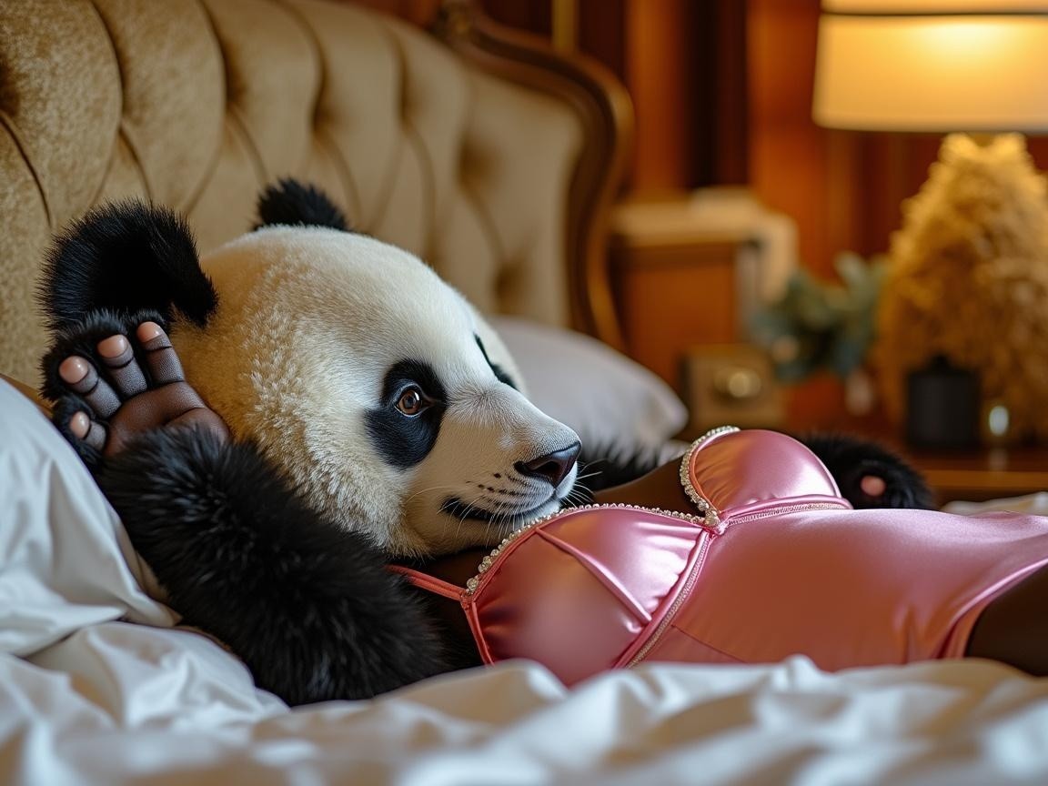 Panda in Luxury Bed with Satin Outfit and Decor