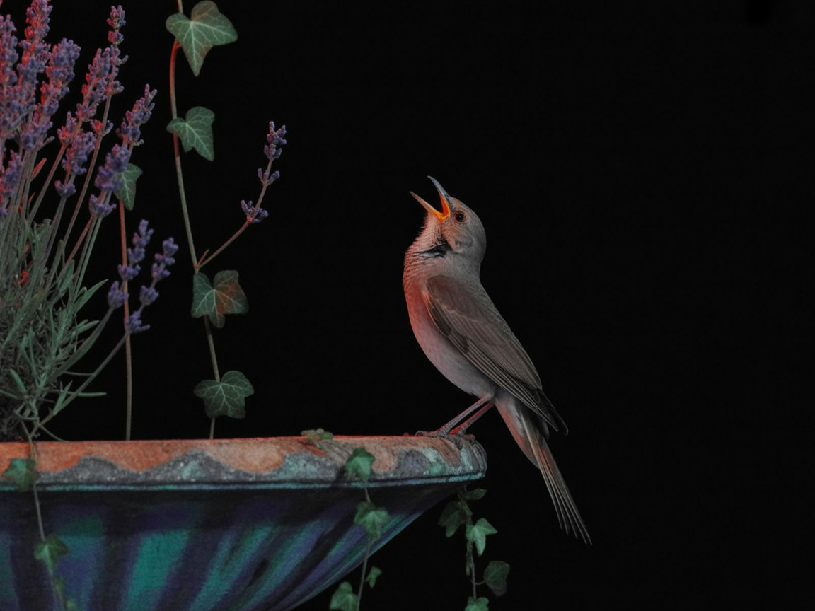 Small bird singing on decorative pot with lavender