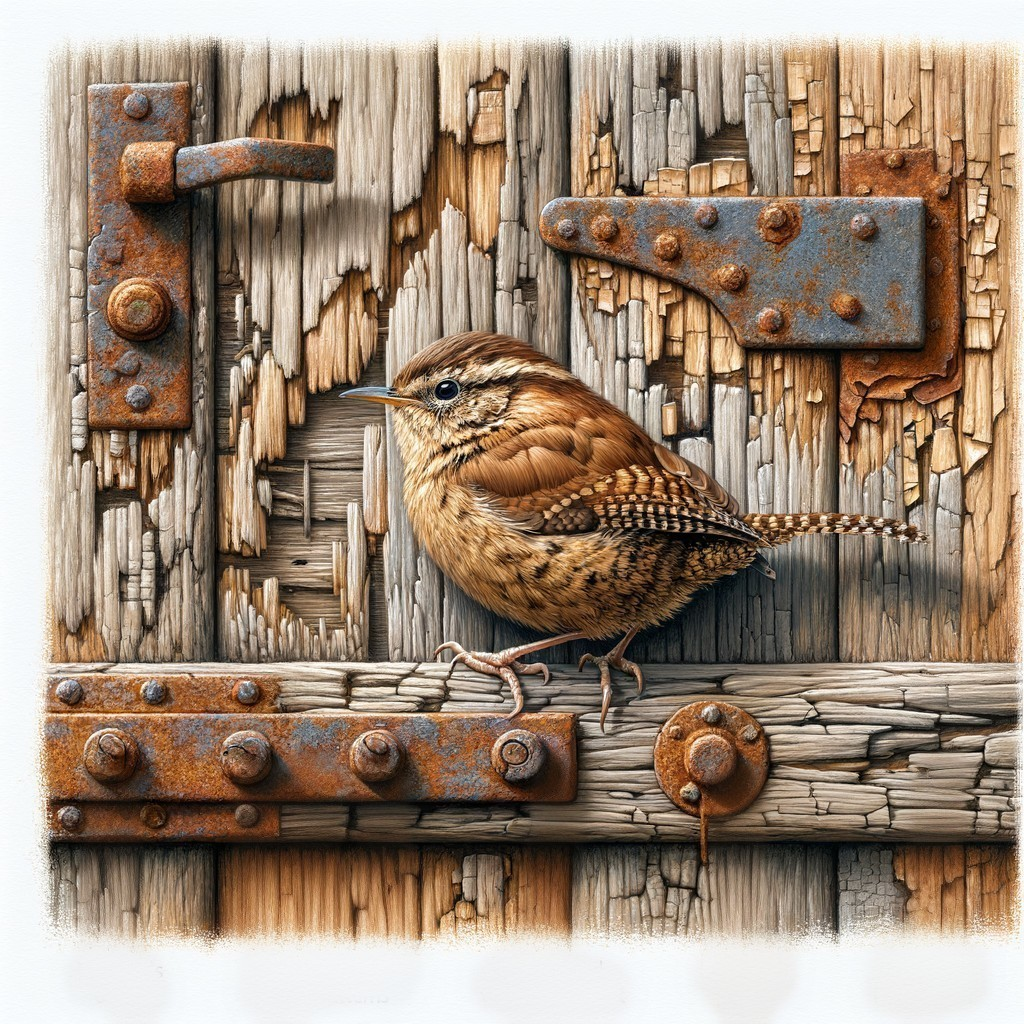 Illustration of a Wren on a Weathered Wooden Door