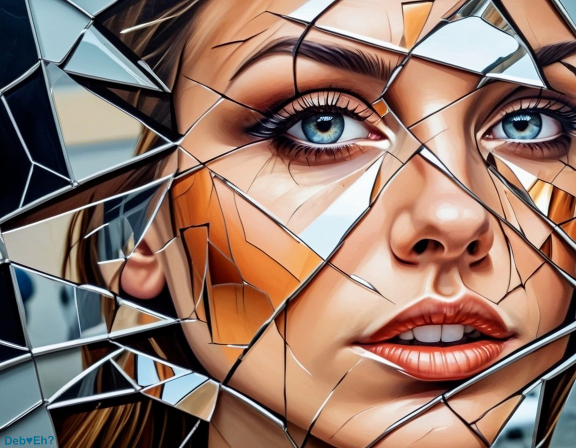 Close-Up of Woman's Face with Broken Glass Reflection