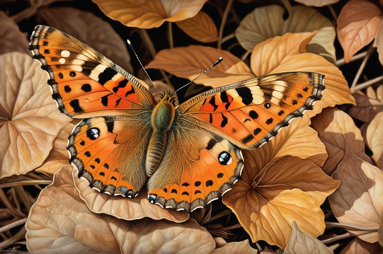 Vibrant Butterfly on Autumn-Colored Leaves