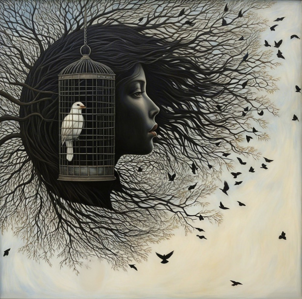 Silhouette of Woman with Hair as Branches and Birds