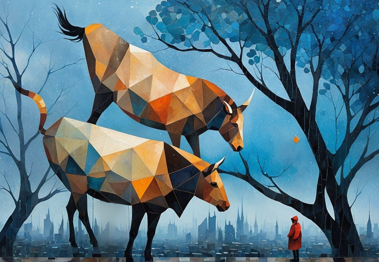 Geometric Artwork of Bulls in Warm Hues and Cityscape