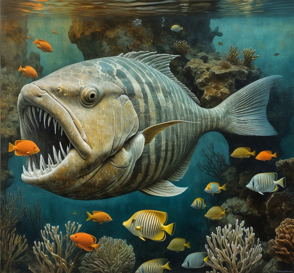 Detailed Fish Among Vibrant Corals and Marine Life